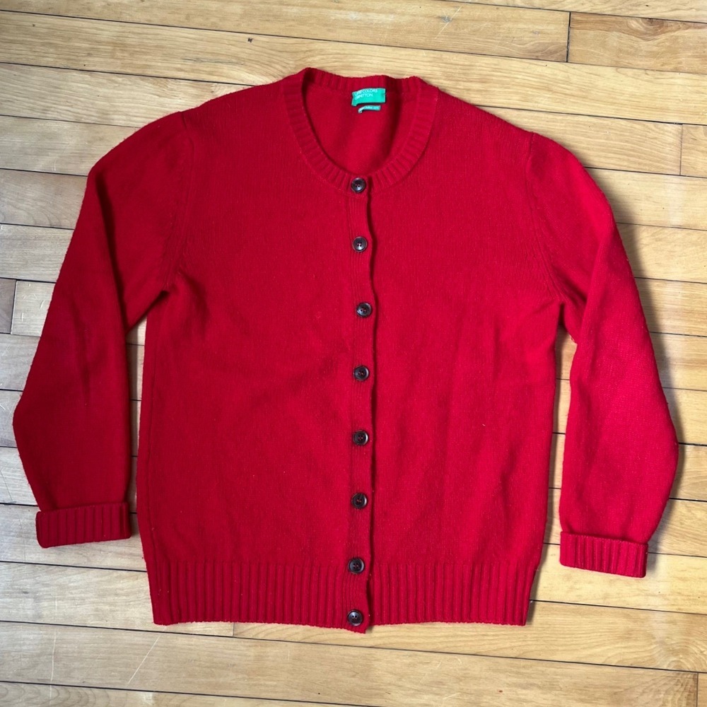 United Colors of Benetton Red Shetland Italian Yarn Cardigan Sweater Mens Large